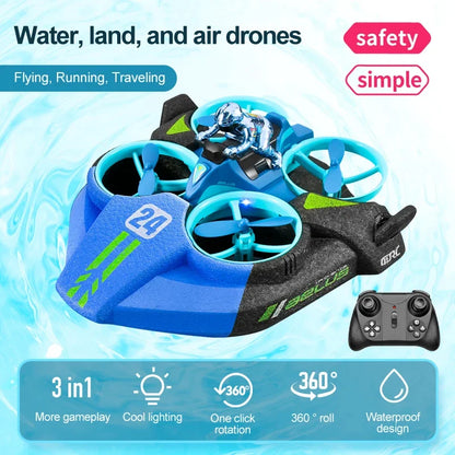 3 in 1 Amphibious RC Drone - Air Land Water Quadcopter with Waterproof Design & Cool Lights