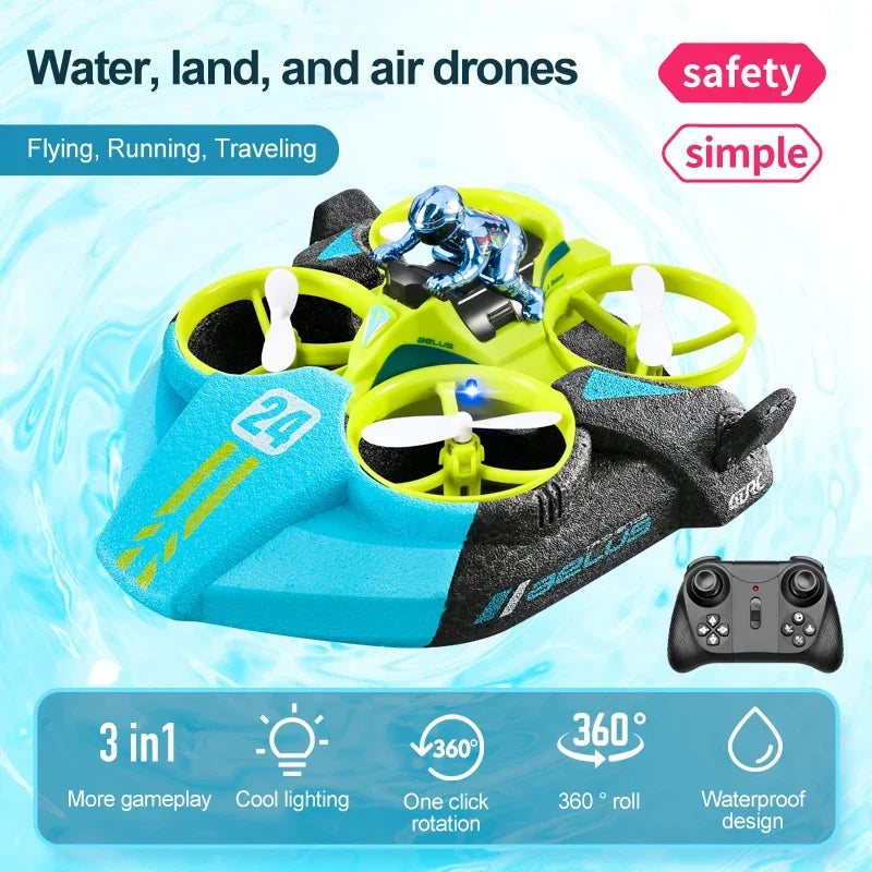 3 in 1 Amphibious RC Drone - Air Land Water Quadcopter with Waterproof Design & Cool Lights